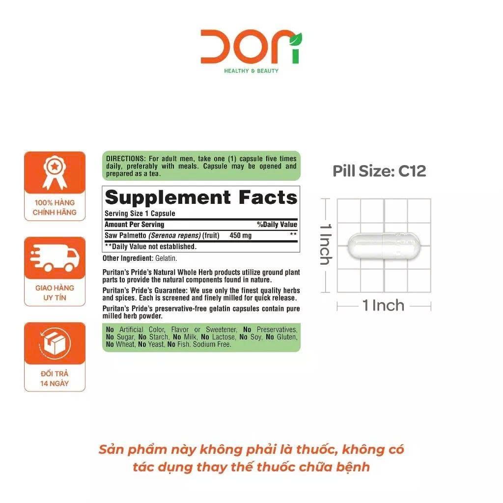  Viên Uống Hỗ Trợ Đường Tiết Niệu và Tuyến Tiền Liệt Khỏe Mạnh Saw Palmetto Puritan’s Pride 450mg 
