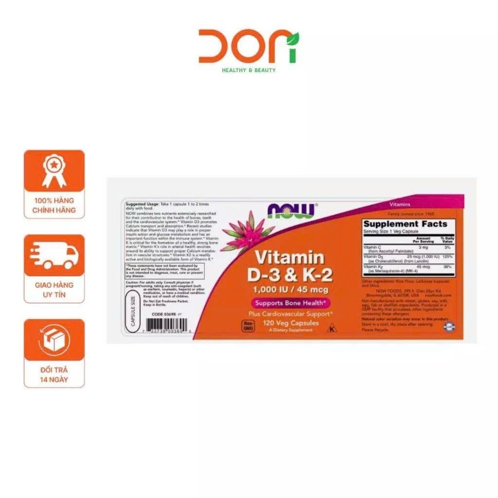  Viên Uống NOW FOODS Vitamin D3 K2 1000 IU 45mcg Hỗ Trợ Xương Khớp Chắc Khỏe 120 Viên 