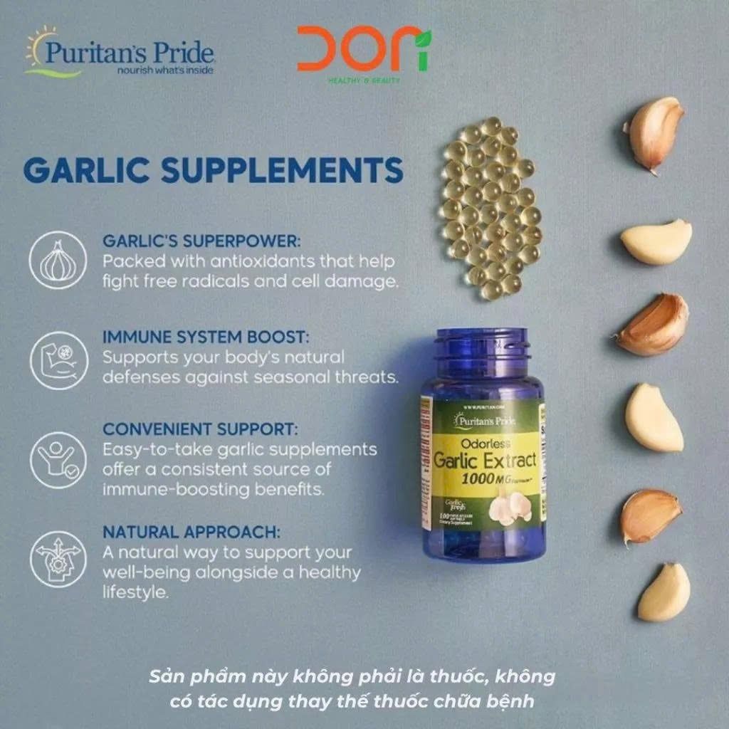  Viên Uống Dầu Tỏi Không Mùi Puritan’s Pride Odorless Garlic 1000mg Hỗ Trợ Sức Khỏe Tim Mạch, Đề Kháng (100 Viên) 