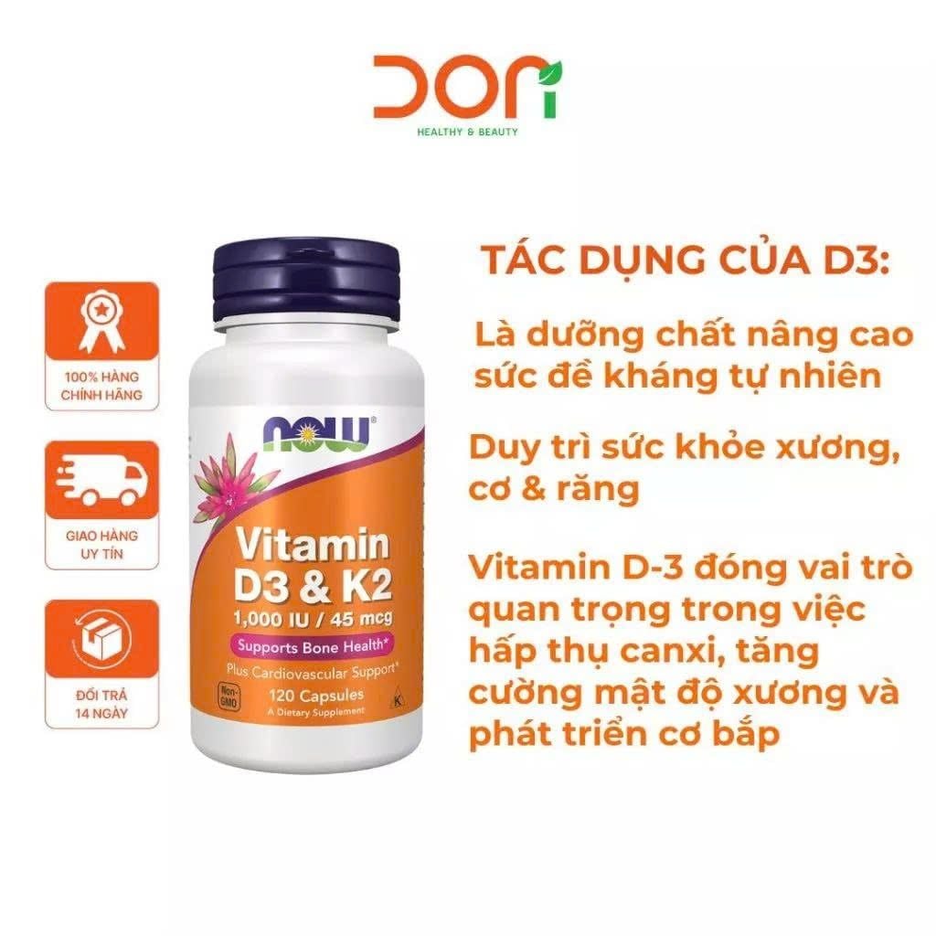  Viên Uống NOW FOODS Vitamin D3 K2 1000 IU 45mcg Hỗ Trợ Xương Khớp Chắc Khỏe 120 Viên 