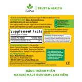  Viên Uống Bổ Sung Sắt, Ngừa Thiếu Máu Nature Made Iron 65mg 365 Viên 