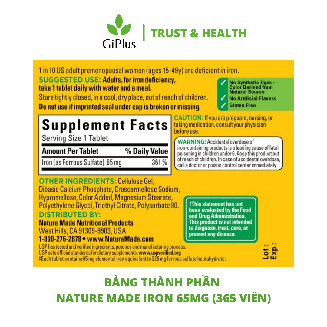  Viên Uống Bổ Sung Sắt, Ngừa Thiếu Máu Nature Made Iron 65mg 365 Viên 