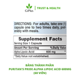  Viên Uống Bổ Sung Alpha Lipoic Acid, Ngăn Ngừa Lão Hóa Puritan’s Pride Alpha Lipoic Acid 600mg (60 viên/Lọ) 