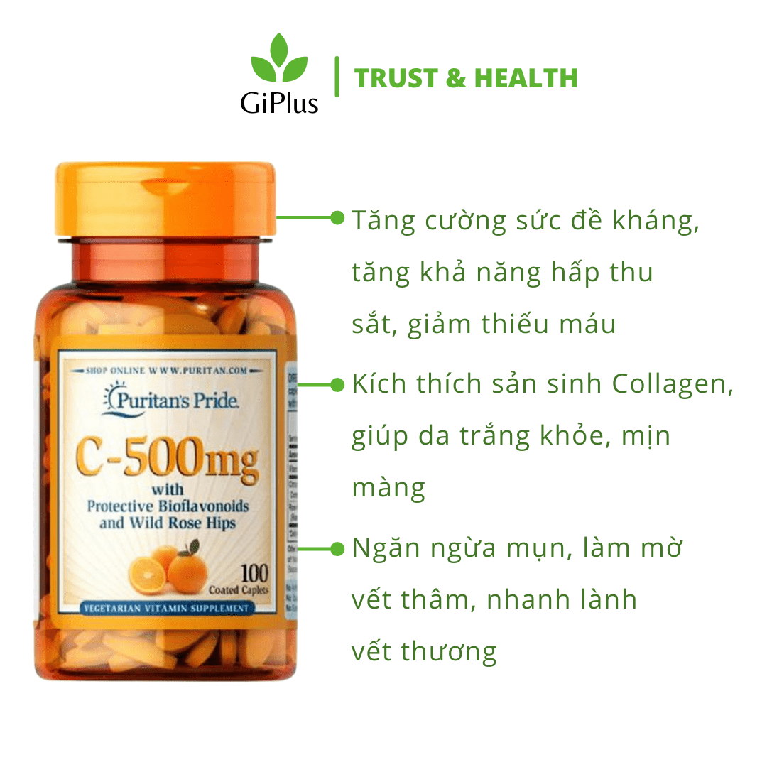  Viên Uống Bổ Sung Vitamin C 500mg Tăng Đề Kháng, Đẹp Da Puritan’s Pride (100 Viên/Lọ) 