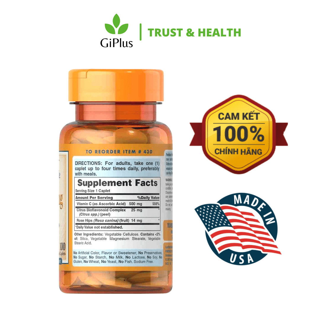  Viên Uống Bổ Sung Vitamin C 500mg Tăng Đề Kháng, Đẹp Da Puritan’s Pride (100 Viên/Lọ) 