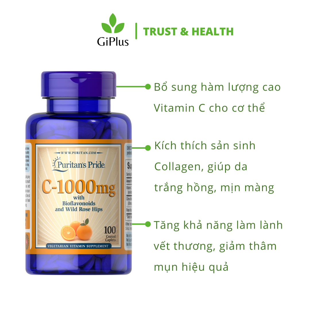  Viên Uống Bổ Sung Vitamin C 1000mg Tăng Đề Kháng, Đẹp Da Puritan’s Pride (100 Viên/Lọ) 