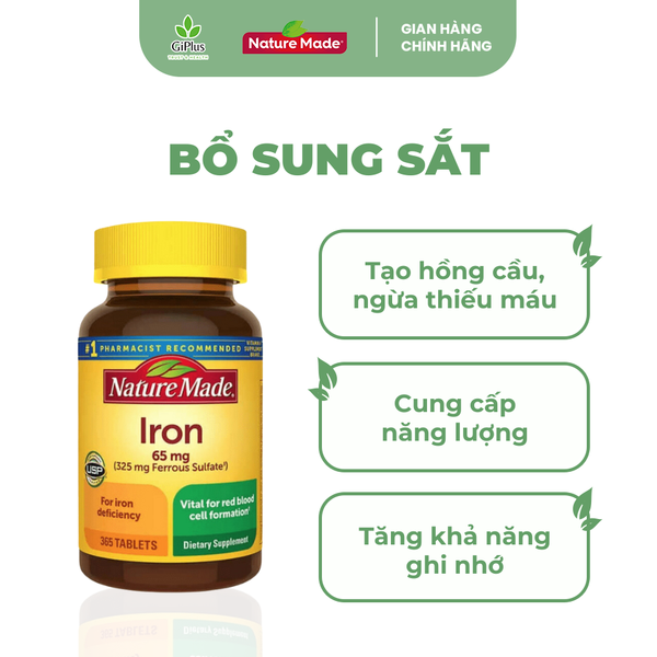  Viên Uống Bổ Sung Sắt, Ngừa Thiếu Máu Nature Made Iron 65mg 365 Viên 