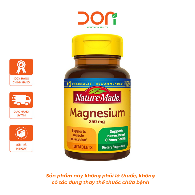  Viên Uống Bổ Sung Magie, Hỗ Trợ Thư Giãn Cơ Bắp Nature Made Magnesium 250mg 100 Viên 