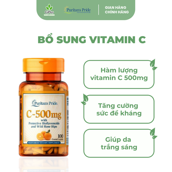 Viên Uống Bổ Sung Vitamin C 500mg Tăng Đề Kháng, Đẹp Da Puritan’s Pride (100 Viên/Lọ) 