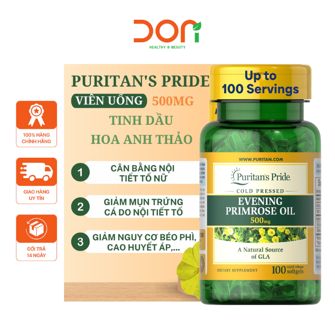  Viên Uống Tinh Dầu Hoa Anh Thảo, Đẹp da, Cân Bằng Nội Tiết Tố Evening Primrose Oil Puritan’s Pride 500mg (100 viên/Lọ) 
