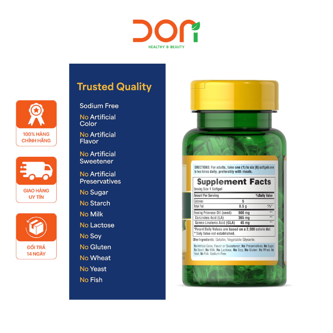  Viên Uống Tinh Dầu Hoa Anh Thảo, Đẹp da, Cân Bằng Nội Tiết Tố Evening Primrose Oil Puritan’s Pride 500mg (100 viên/Lọ) 