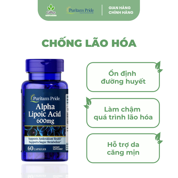  Viên Uống Bổ Sung Alpha Lipoic Acid, Ngăn Ngừa Lão Hóa Puritan’s Pride Alpha Lipoic Acid 600mg (60 viên/Lọ) 