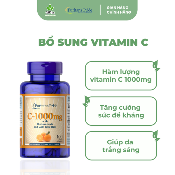  Viên Uống Bổ Sung Vitamin C 1000mg Tăng Đề Kháng, Đẹp Da Puritan’s Pride (100 Viên/Lọ) 