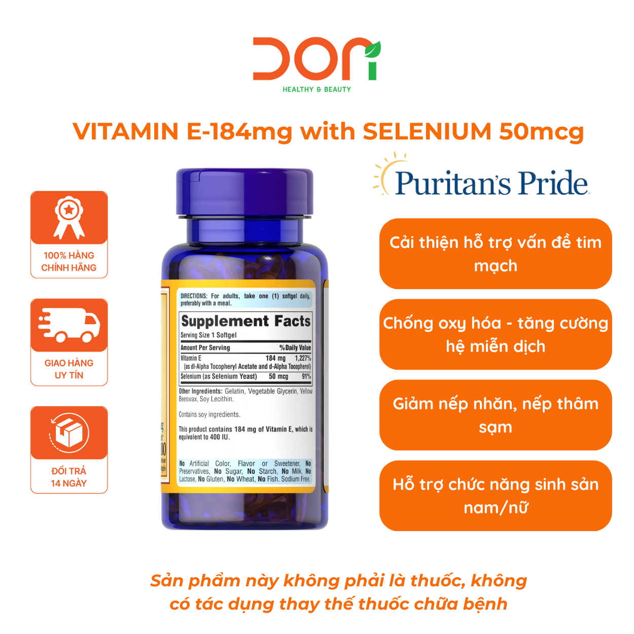  Viên Uống Đẹp Da Vitamin E 184mg with Selenium 50mcg Puritan's Pride 