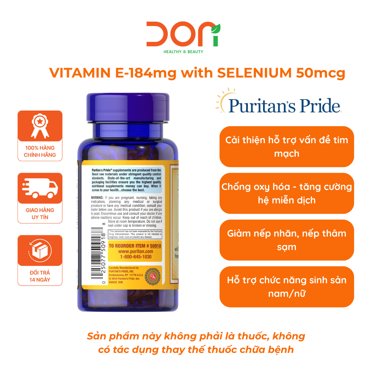  Viên Uống Đẹp Da Vitamin E 184mg with Selenium 50mcg Puritan's Pride 