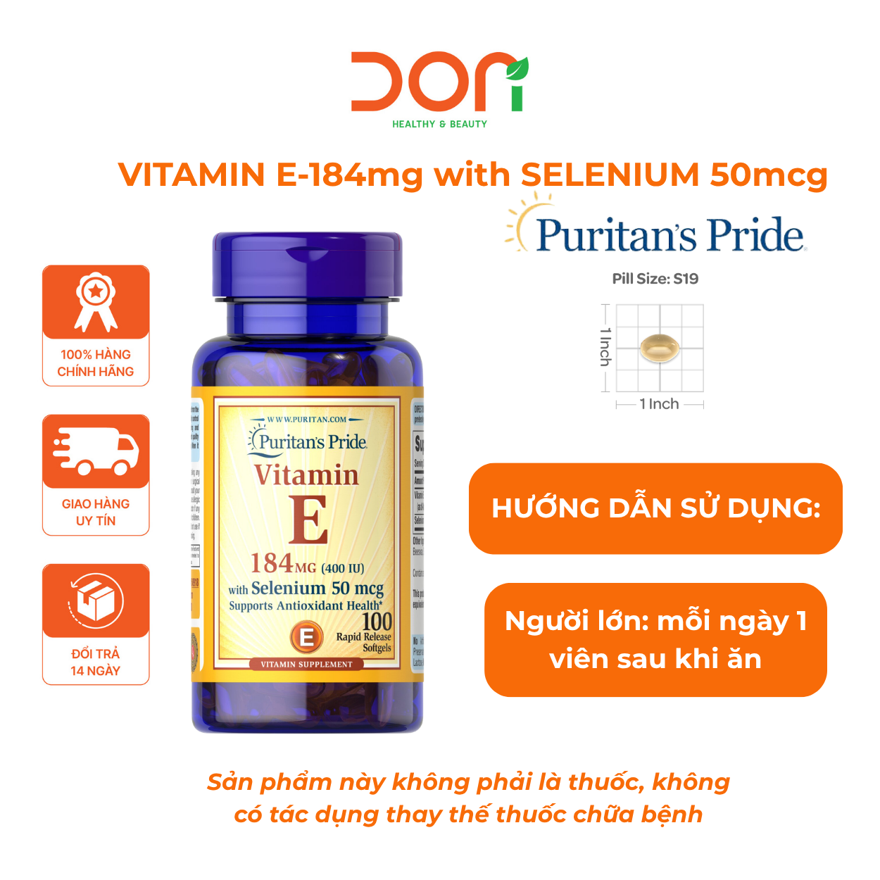  Viên Uống Đẹp Da Vitamin E 184mg with Selenium 50mcg Puritan's Pride 