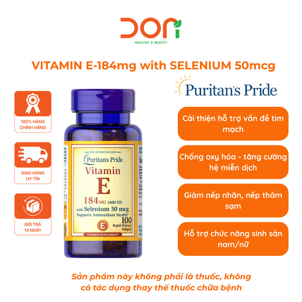  Viên Uống Đẹp Da Vitamin E 184mg with Selenium 50mcg Puritan's Pride 