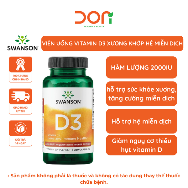  Sản phẩm hỗ trợ Vitamin D3 Swanson 250 viên 2000IU 