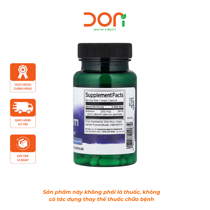  Viên Uống Swanson Albion Selenium Complex 200mcg chống oxy hóa, bảo vệ sức khỏe hệ tim mạch và hệ miễn dịch(90 viên/lọ) 