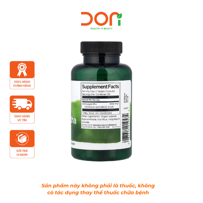  Viên Uống Nhân Sâm Ấn Độ Swanson Full Spectrum Ashwagandha 450mg Hỗ Trợ Giảm Căng Thẳng Lo Âu (100 viên/lọ) 