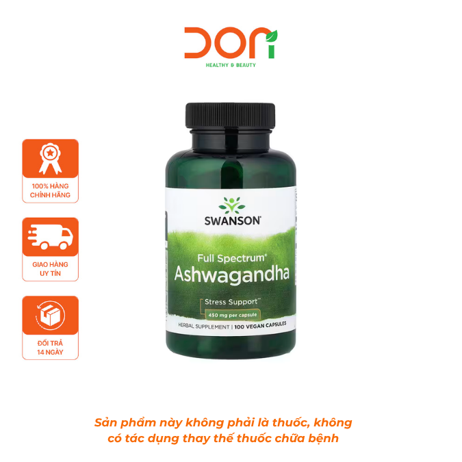  Viên Uống Nhân Sâm Ấn Độ Swanson Full Spectrum Ashwagandha 450mg Hỗ Trợ Giảm Căng Thẳng Lo Âu (100 viên/lọ) 
