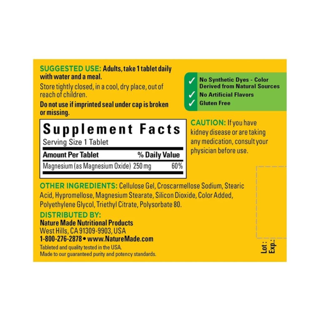  Viên Uống Bổ Sung Magie, Hỗ Trợ Thư Giãn Cơ Bắp Nature Made Magnesium 250mg 100 Viên 