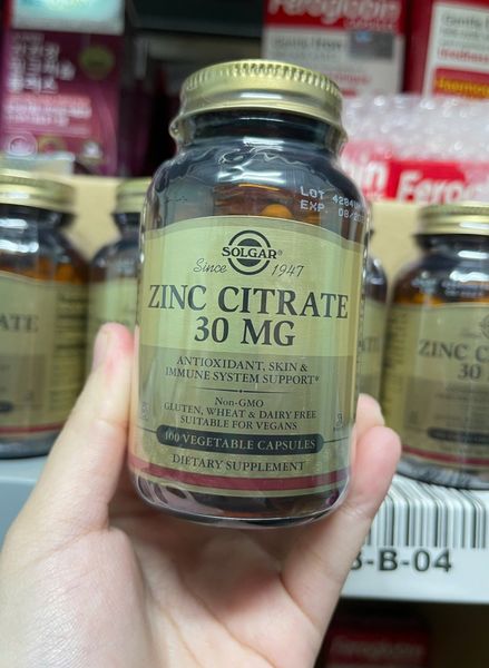 Zinc Citrate 30mg - Lọ 100 viên - SOLGAR - Kẽm hữu cơ hỗ trợ đề kháng