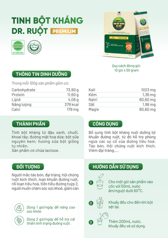 [Tinh Bột Kháng DR. RUỘT Premium] Hỗ trợ cải thiện táo bón, tiêu chảy, đại tràng, hội chứng ruột kích thích, thức ăn nuôi dưỡng lợi khuẩn đường ruột, hỗ trợ cân bằng hệ vi sinh - PREBIOTIC - Hộp 10 gói 50g