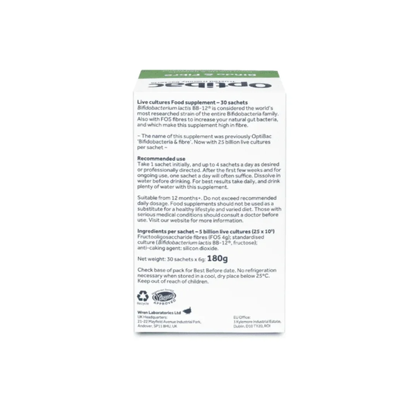 Bifido & Fibre - Hộp 30 gói - OPTIBAC - Bổ sung lợi khuẩn & chất xơ FOS hỗ trợ đường ruột