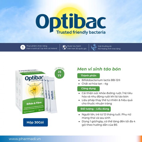 Bifido & Fibre - Hộp 30 gói - OPTIBAC - Bổ sung lợi khuẩn & chất xơ FOS hỗ trợ đường ruột
