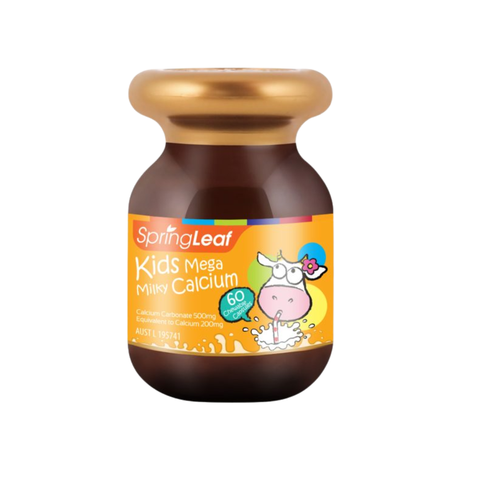 Kids Mega Milky Calcium - Lọ 60 viên - SPRING LEAF - Canxi sữa hỗ trợ xương răng chắc khỏe trẻ 1+