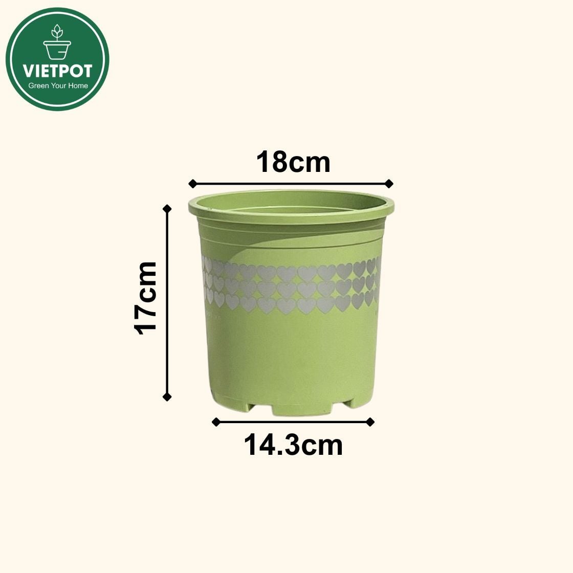  Chậu nhựa trồng cây VIETPOT, xanh Mint hoa văn tim, kiểng lá, hoa hồng, để bàn,ban công sân vườn. 