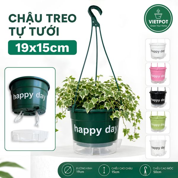  Chậu nhựa treo tự tưới Happy Day, VIETPOT, size 19x15cm, hiện đại, decor ban công, sân vườn, nhà cửa 