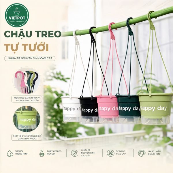  Chậu nhựa treo tự tưới Happy Day, VIETPOT, size 19x15cm, hiện đại, decor ban công, sân vườn, nhà cửa 