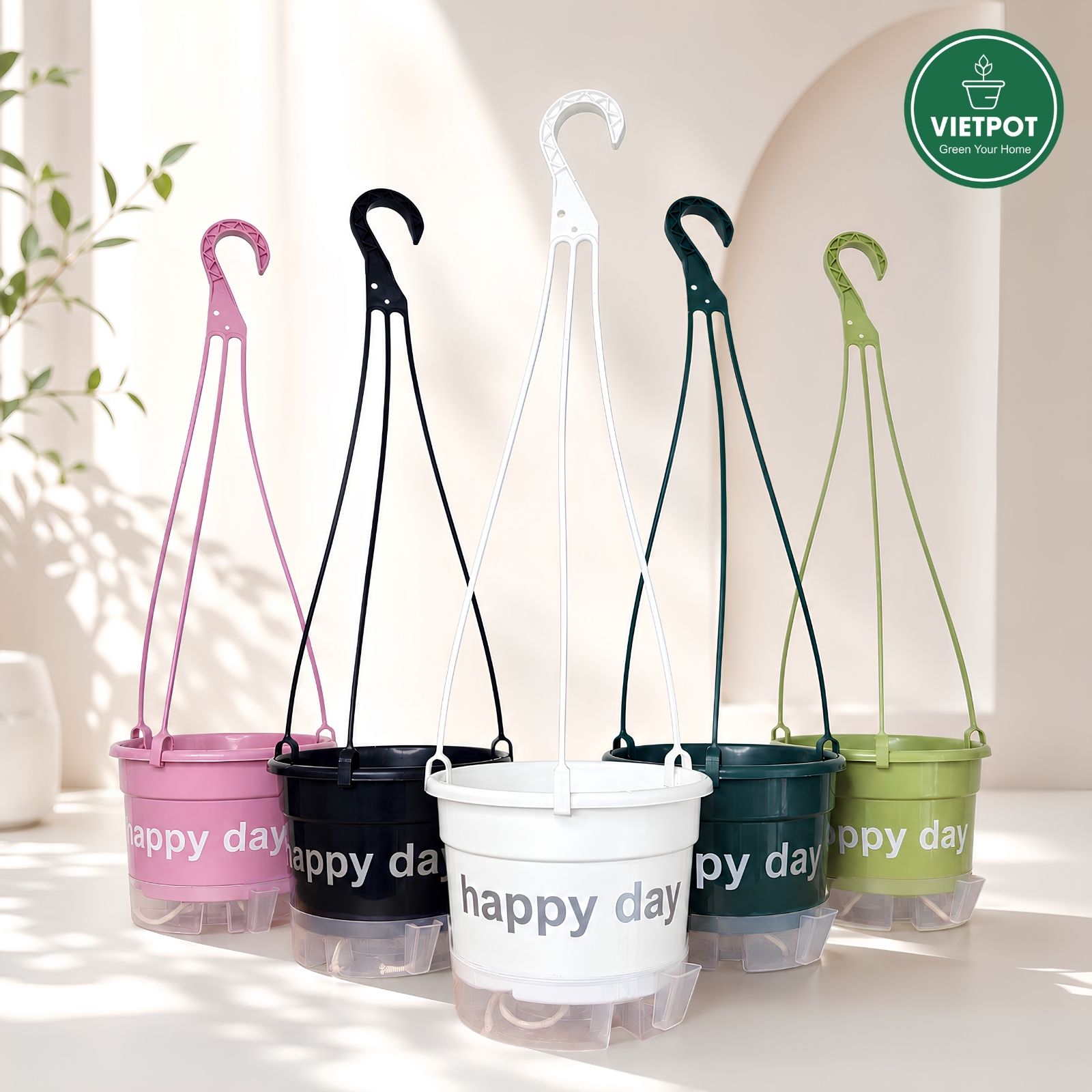  Chậu nhựa treo tự tưới Happy Day, VIETPOT, size 19x15cm, hiện đại, decor ban công, sân vườn, nhà cửa 