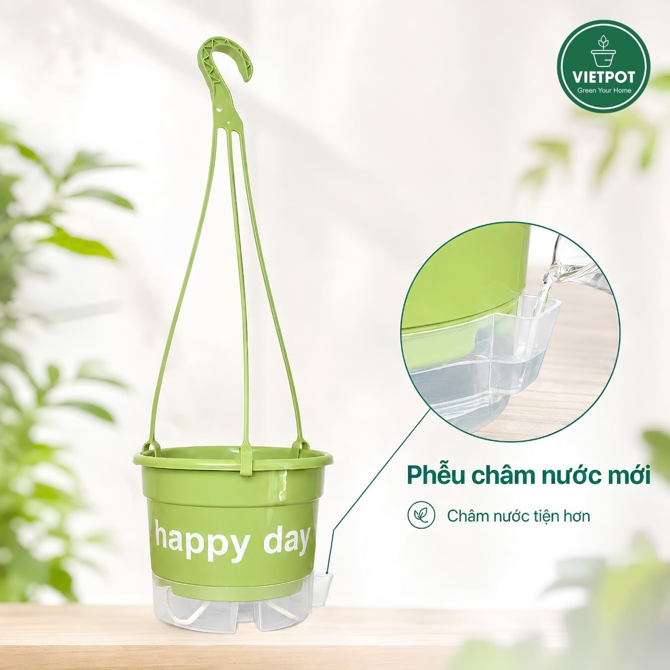  Chậu nhựa treo tự tưới Happy Day, VIETPOT, size 19x15cm, hiện đại, decor ban công, sân vườn, nhà cửa 
