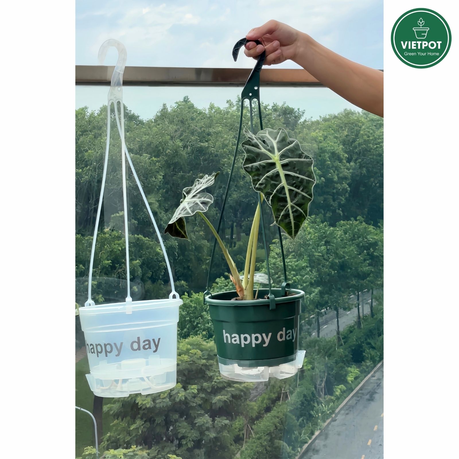  Chậu nhựa treo tự tưới Happy Day, VIETPOT, size 19x15cm, hiện đại, decor ban công, sân vườn, nhà cửa 