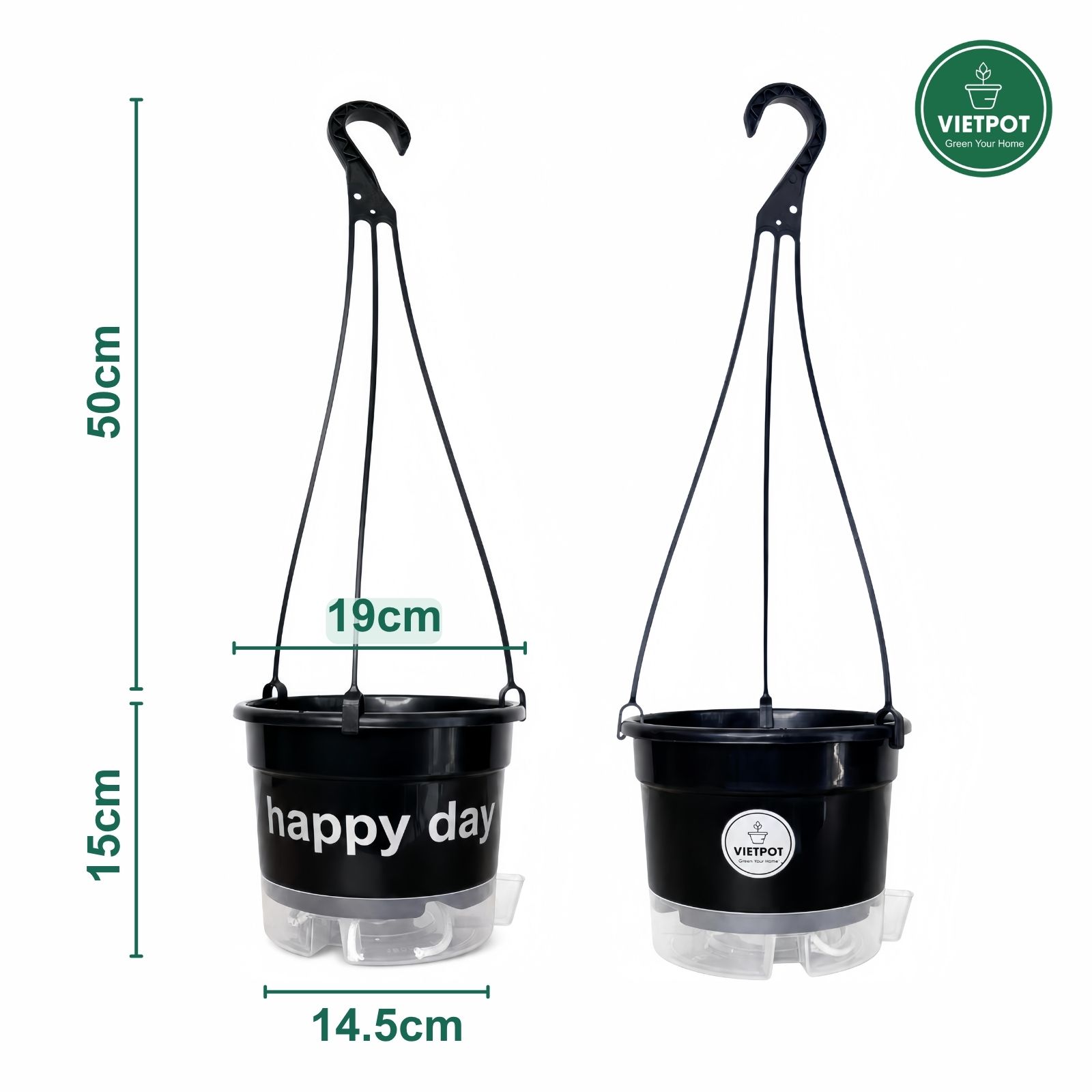 Chậu nhựa treo tự tưới Happy Day, VIETPOT, size 19x15cm, hiện đại, decor ban công, sân vườn, nhà cửa 