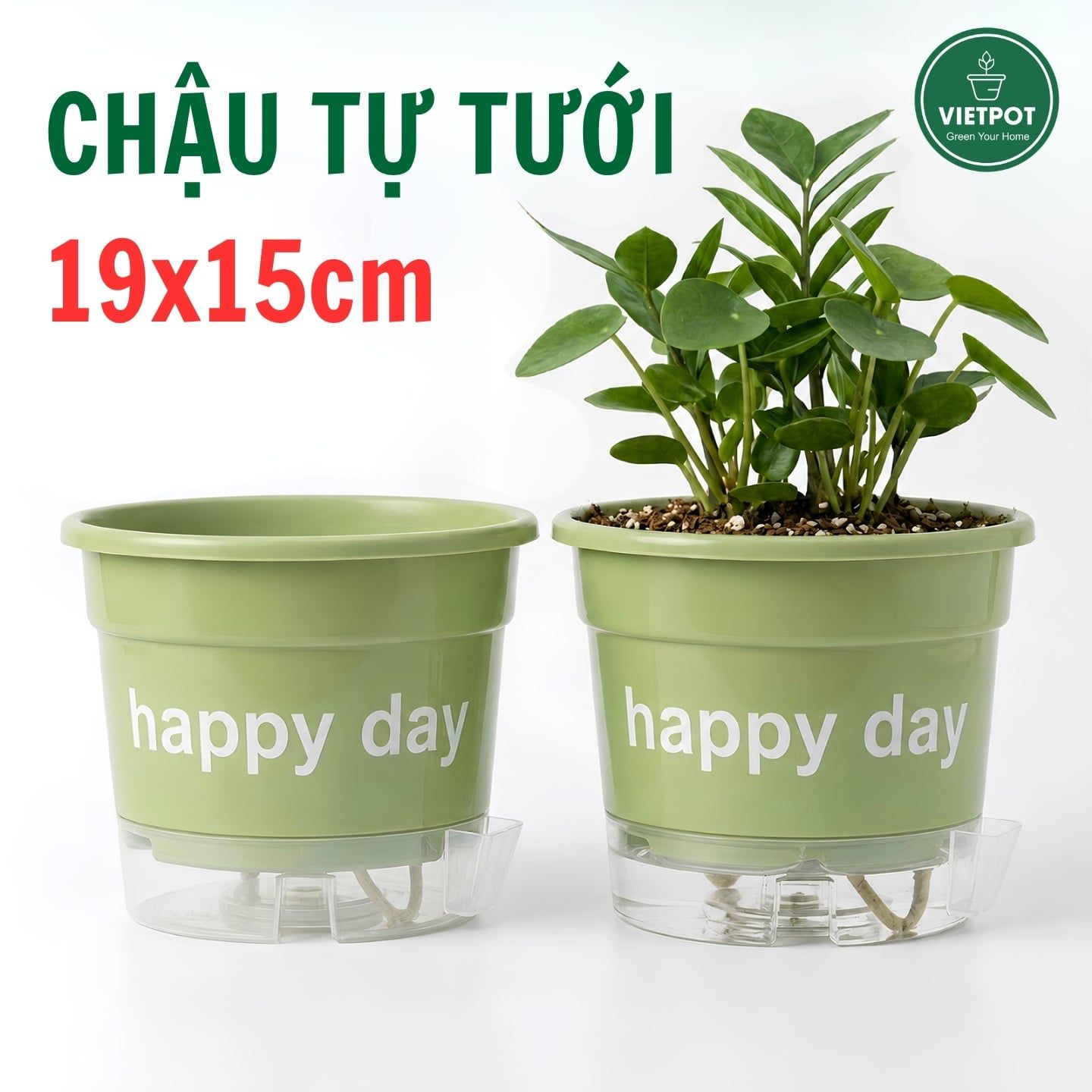  Chậu tự tưới Happy Day, VIETPOT, size 19x15cm, thông minh, trang trí nhà cửa, ban công, sân vườn. 