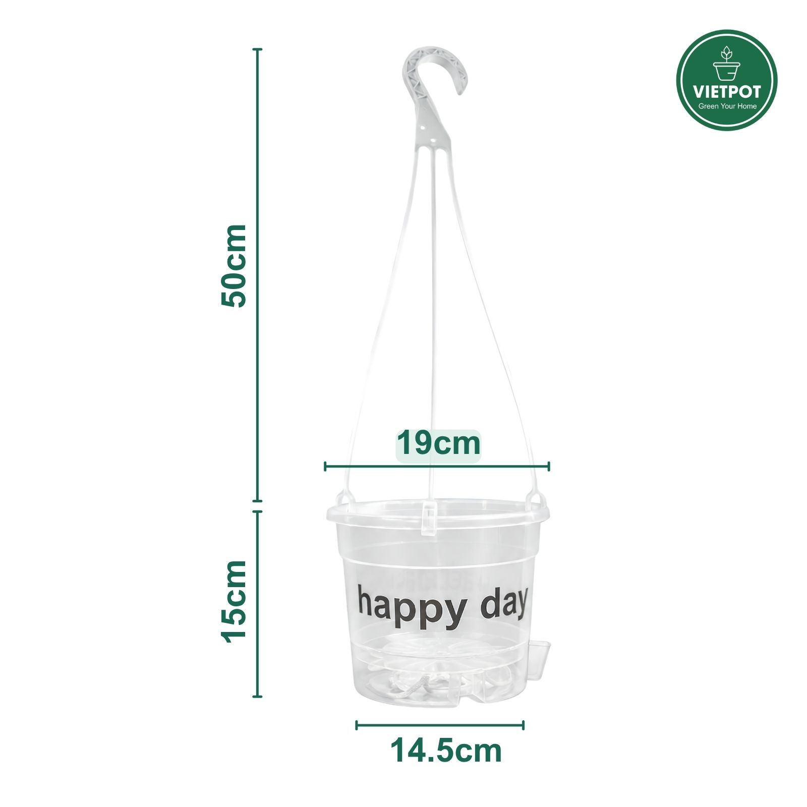  Chậu nhựa treo tự tưới Happy Day, VIETPOT, size 19x15cm, hiện đại, decor ban công, sân vườn, nhà cửa 