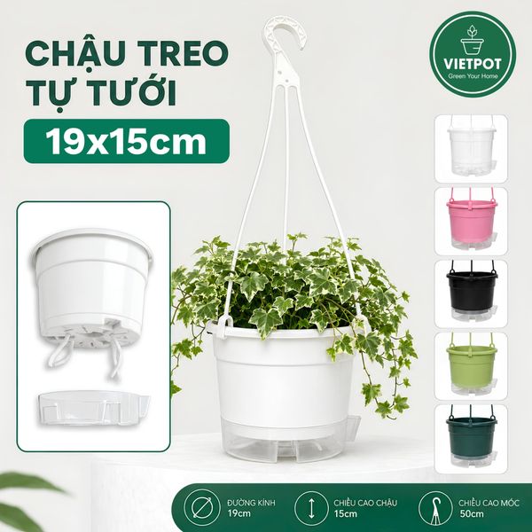  Chậu treo tự tưới Trơn, size 19x15cm, VIETPOT, cho cây kiểng, hiện đại, decor ban công, sân vườn. 