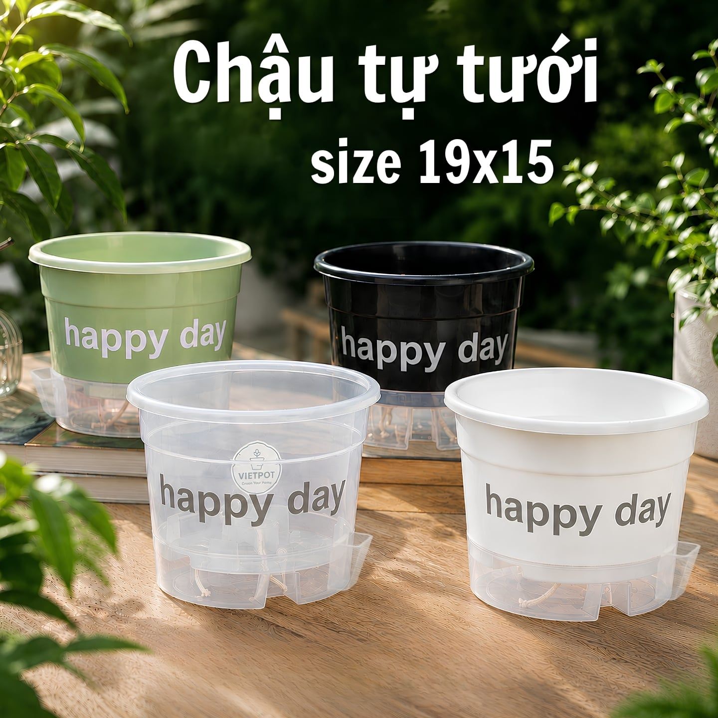  Chậu tự tưới Happy Day, VIETPOT, size 19x15cm, thông minh, trang trí nhà cửa, ban công, sân vườn. 