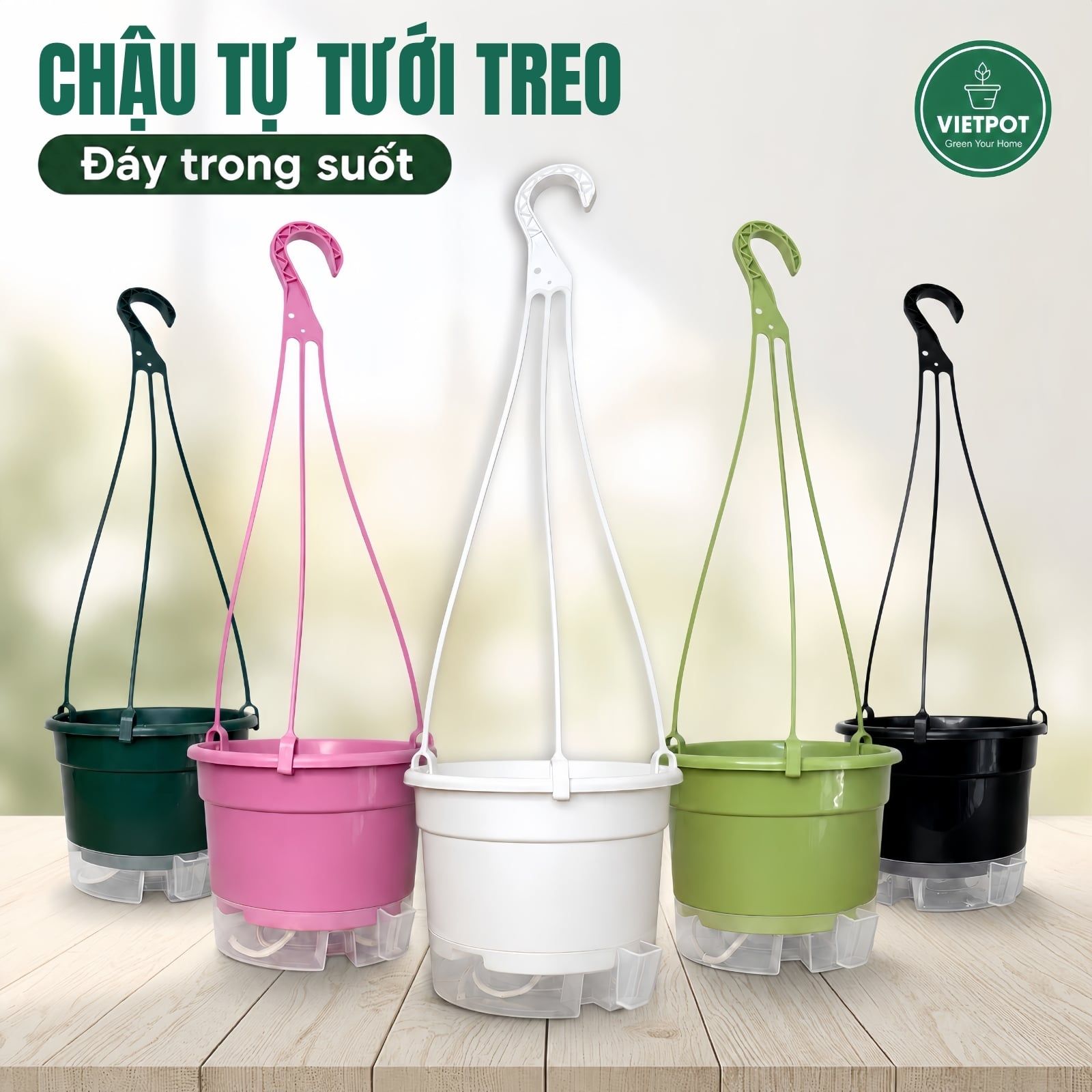  Chậu treo tự tưới Trơn, size 19x15cm, VIETPOT, cho cây kiểng, hiện đại, decor ban công, sân vườn. 