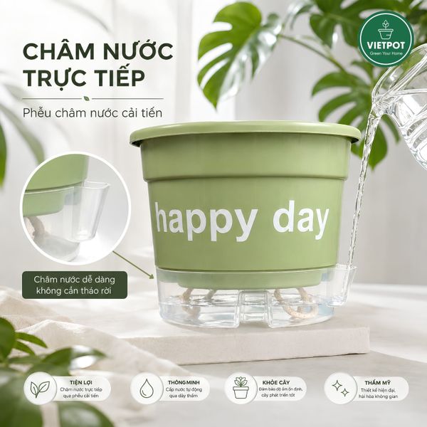  Chậu tự tưới Happy Day, VIETPOT, size 19x15cm, thông minh, trang trí nhà cửa, ban công, sân vườn. 