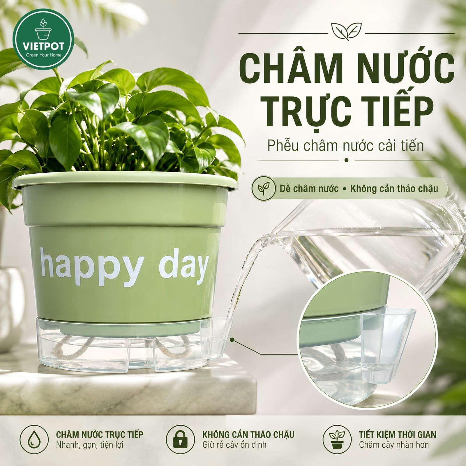  Chậu tự tưới Happy Day, VIETPOT, size 19x15cm, thông minh, trang trí nhà cửa, ban công, sân vườn. 