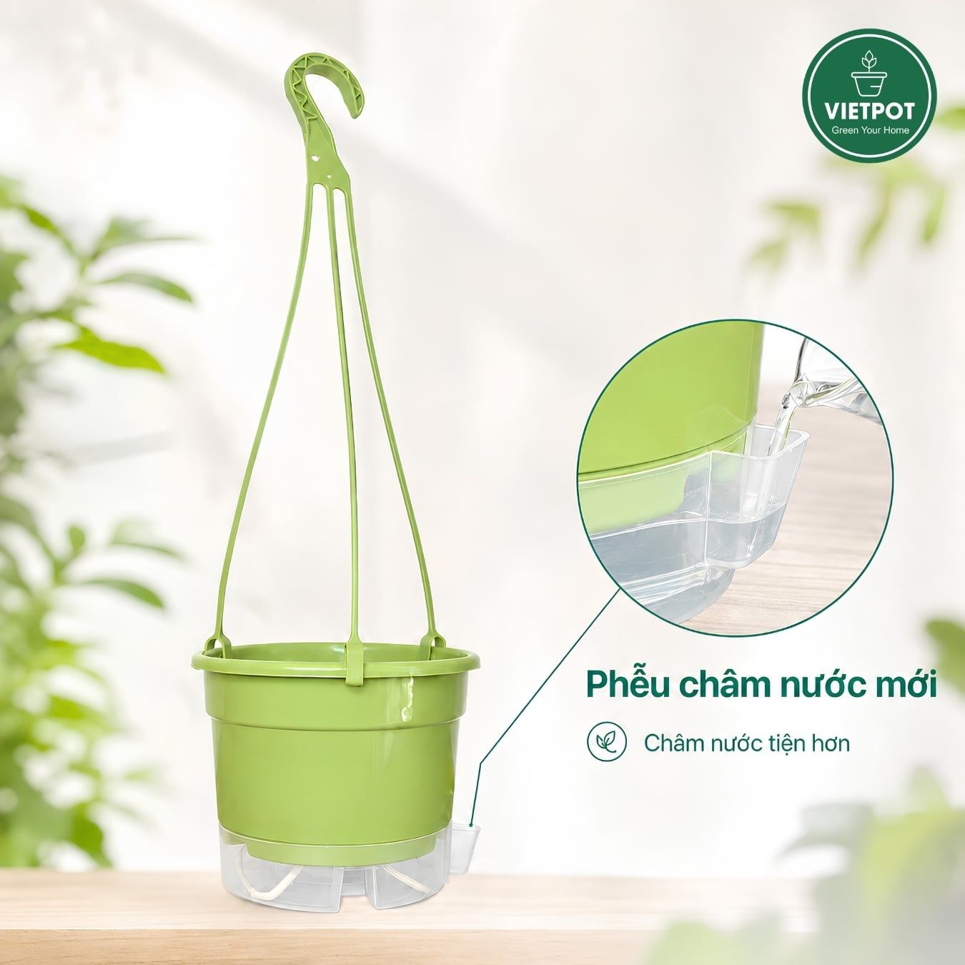  Chậu treo tự tưới Trơn, size 19x15cm, VIETPOT, cho cây kiểng, hiện đại, decor ban công, sân vườn. 