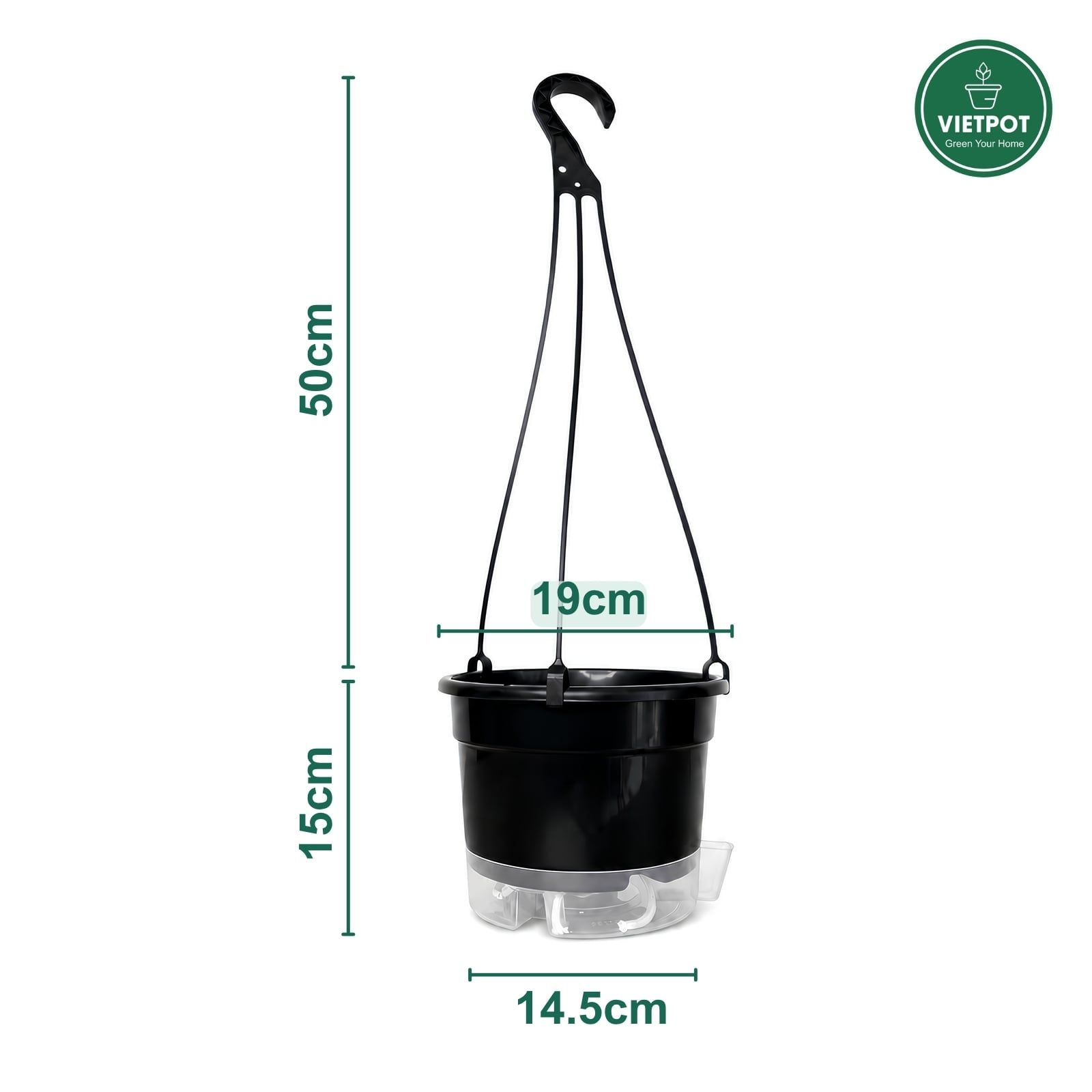  Chậu treo tự tưới Trơn, size 19x15cm, VIETPOT, cho cây kiểng, hiện đại, decor ban công, sân vườn. 