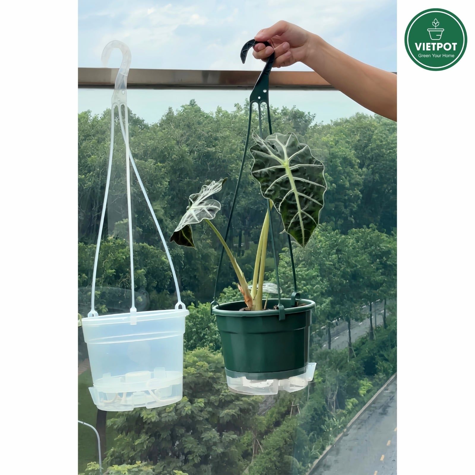  Chậu treo tự tưới Trơn, size 19x15cm, VIETPOT, cho cây kiểng, hiện đại, decor ban công, sân vườn. 