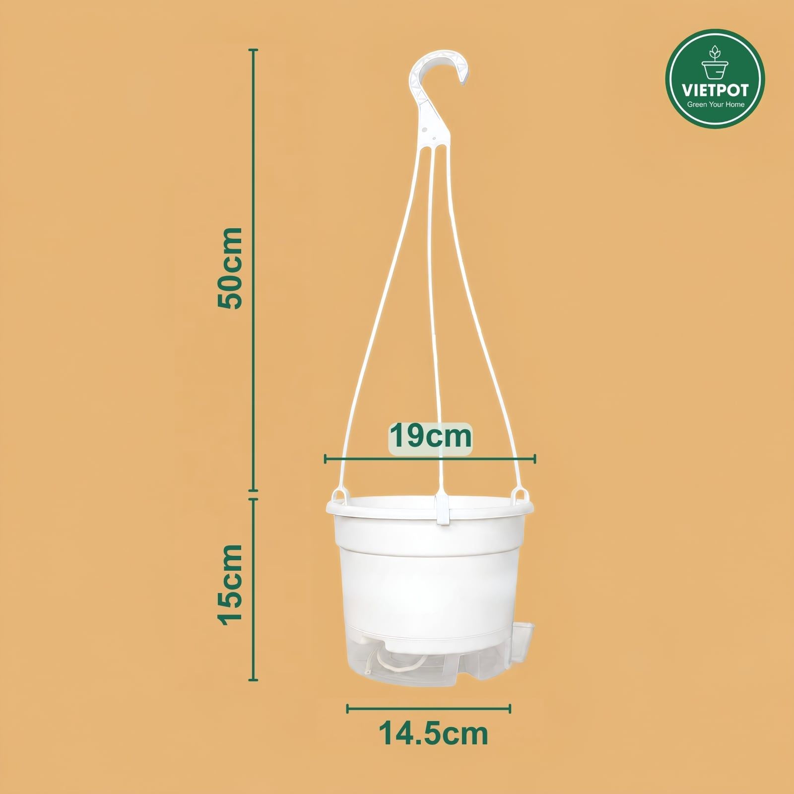 Chậu treo tự tưới Trơn, size 19x15cm, VIETPOT, cho cây kiểng, hiện đại, decor ban công, sân vườn. 