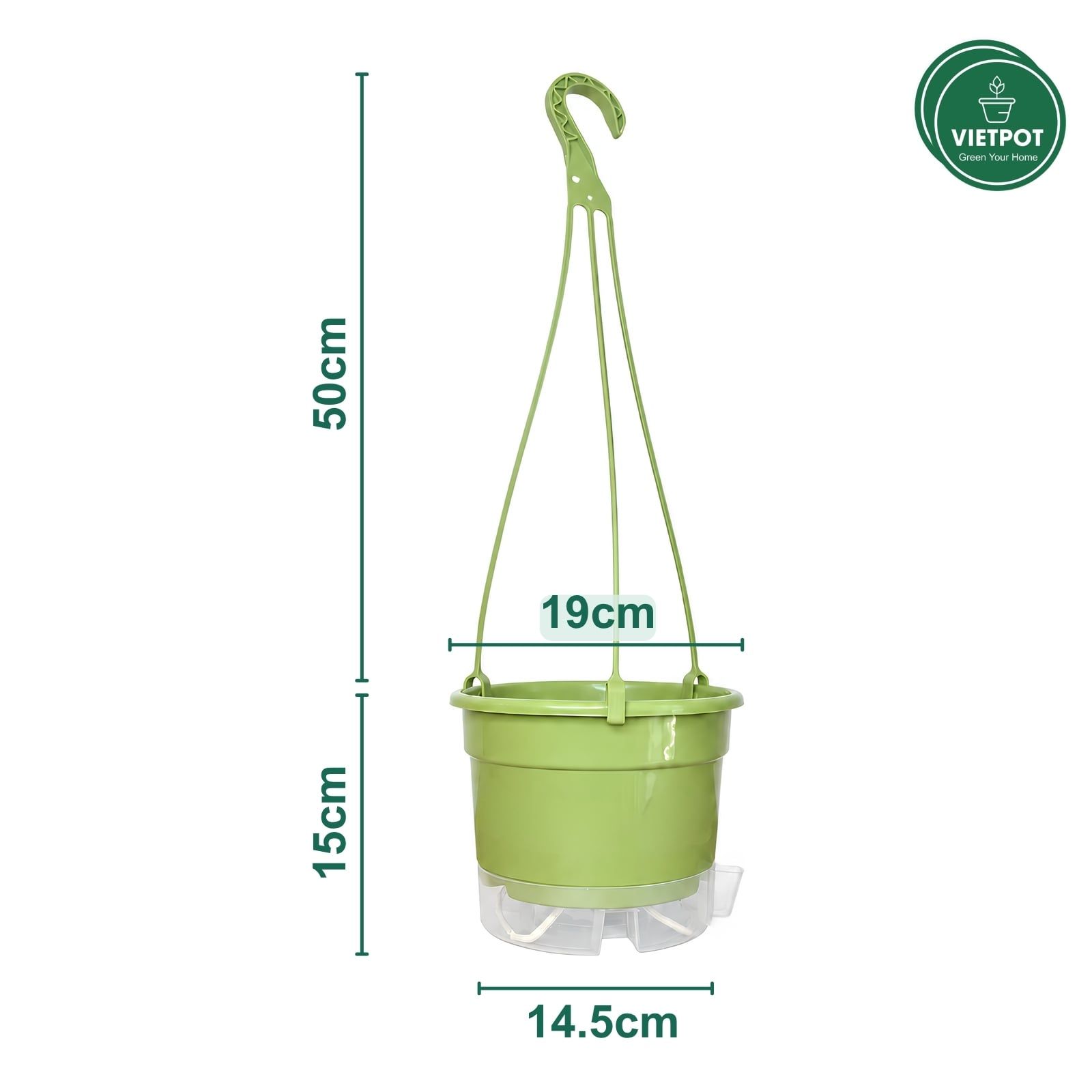  Chậu treo tự tưới Trơn, size 19x15cm, VIETPOT, cho cây kiểng, hiện đại, decor ban công, sân vườn. 